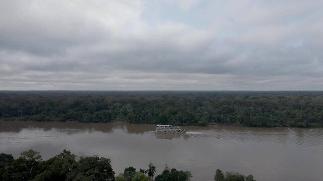 Aerial view of the cruise ship crossing the congo basin rainforest in the democratic republic of Congo.