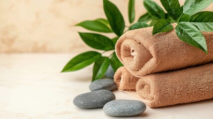 Relaxing Spa Setting with Towels and Smooth Stones