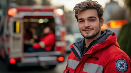 A smiling young man in a red emergency jacket stands in front of an ambulance, showcasing professionalism and readiness in a medical setting.