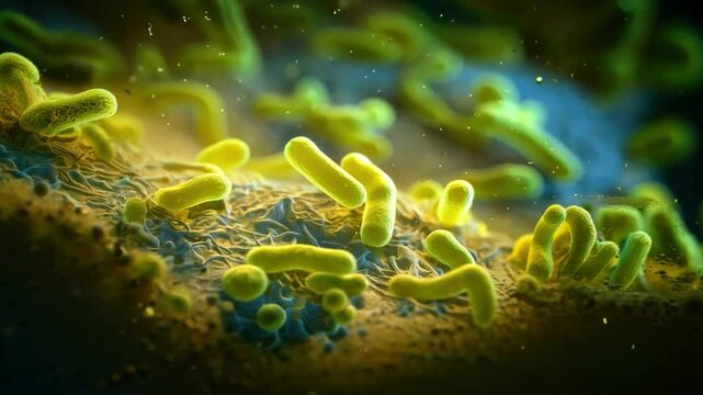 Microscopic microbes. Virus cells and bacteria microbiota, biological flora microorganism. Medical background, extreme super Electron microscope macro, Concept of science and medicine, Generative AI
