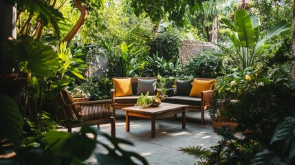 Obraz premium Chic outdoor patio oasis, featuring sleek furniture design, surrounded by vibrant greenery, creating a serene and inviting atmosphere for relaxation and gatherings