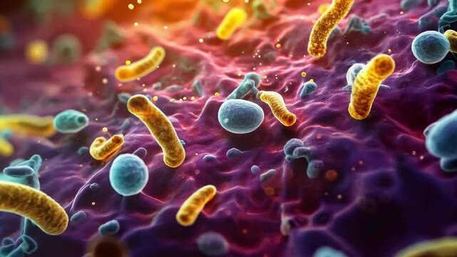 Microscopic microbes. Virus cells and bacteria microbiota, biological flora microorganism. Medical background, extreme super Electron microscope macro, Concept of science and medicine, Generative AI