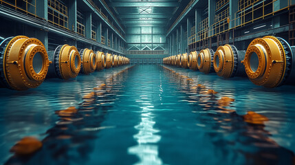 Fototapeta premium A tranquil industrial scene featuring a long pool of water with large, circular machines lined along the edges, creating a serene atmosphere.