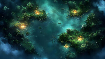 Obraz premium Enchanted Forest Lake: Night Fires & Mystery