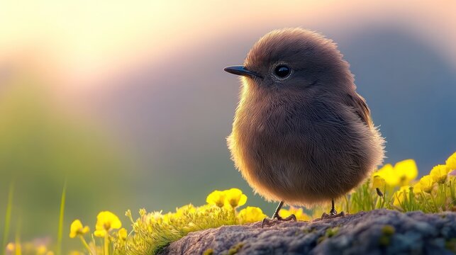 A small brown bird sits on a rock in a field of yellow flowers, bathed in the warm glow of the setting sun. - Powered by Adobe