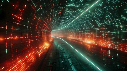 Obraz premium 3D Render of a Futuristic Neon Tunnel with Glowing Walls and a Bright Line, Digital Art Background
