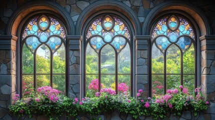 Fototapeta premium Colorful stained glass windows overlooking a lush garden.