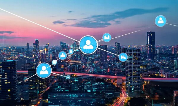 Smart City at Dusk: Networked Urban Skyline with Digital Overlay