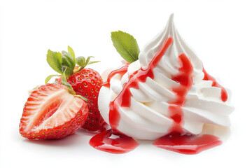 Delicious whipped cream topped with fresh strawberries and strawberry sauce, creating delightful dessert experience
