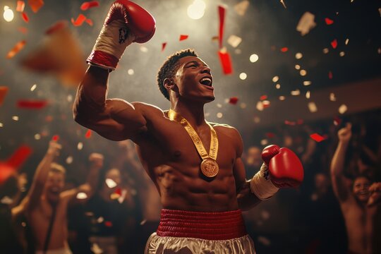A man in a boxing ring is celebrating his victory with a crowd of people