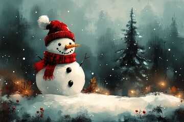 Obraz premium A snowman wearing a red hat and scarf stands in a snowy forest with a pine tree in the background.