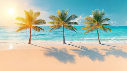 Obraz premium Tropical Paradise. Idyllic White Sand Beach with Coconut Palm Trees and Golden Sunlight at Sunset