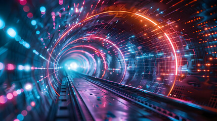 Fototapeta premium Futuristic Neon Tunnel: Digital Data Streams Through a 3D Cyber Corridor, Brightly Illuminated