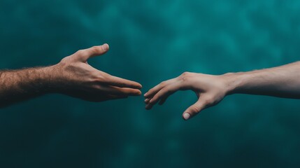 sensitive sadness concept. Two hands reaching towards each other, symbolizing connection, unity, and the power of human touch in a serene underwater setting.
