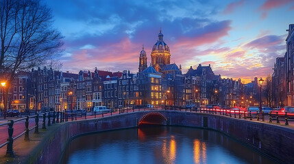 Fototapeta premium A picturesque view of a canal in Amsterdam, Netherlands, with a bridge and traditional buildings lit by the setting sun, creating a magical atmosphere.