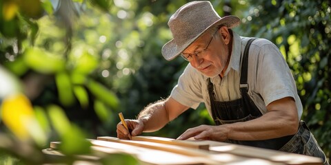 A man wearing a hat and glasses is writing with a pencil. He is in a wooded area, surrounded by trees and leaves. Concept of solitude and peacefulness