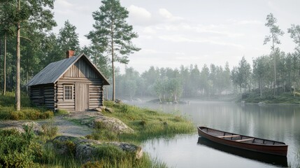 Fototapeta premium Simple wooden fishing cabin on a river, rowboat docked nearby