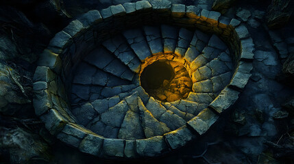 Fototapeta premium Ancient Stone Spiral Staircase Descending into Mystery, Illuminated Below