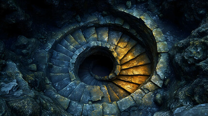 Fototapeta premium Ancient Stone Spiral Staircase Descends Mysteriously into Darkness