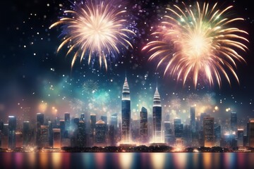 Colorful fireworks display over a river reflecting bright lights in the night sky during a festive city celebration