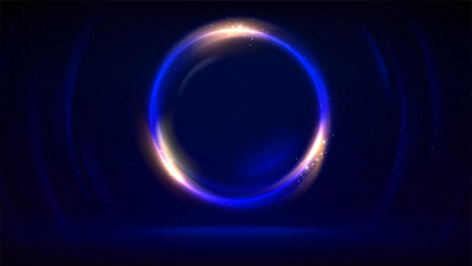 Circular golden frame on dark background. Blue gold glowing circle. Illuminated stage, dark blue backdrop. Shining light ring. Background for displaying products, text, copy paste. Vector illustration