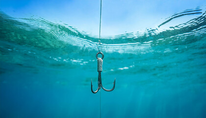 Fishing hook on string underwater. Clear sea or ocean water background.