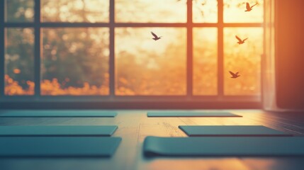 Tranquil Yoga Studio Interior, featuring neatly aligned yoga mats, peaceful ambiance enhanced by the soothing sound of birds chirping outside, promoting relaxation and mindfulness