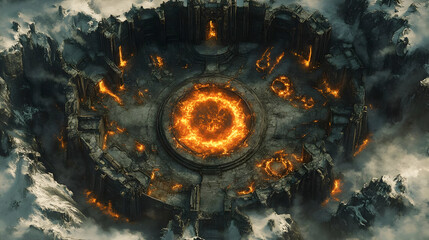 Fiery Ring: Volcanic Ruins Aerial View, Epic Fantasy Landscape