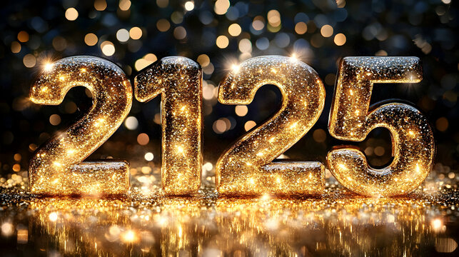 Sparkling Golden Glitter 3D Numbers 2125 on a Shimmering Background