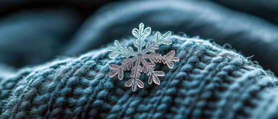 Close-Up of a Single Frosted Snowflake on Blue Knit Fabric in Winter