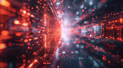 Fototapeta premium Abstract 3D Digital Tunnel with Glowing Red Lights and Data Streams Background Illustration
