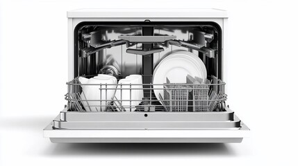 Open white dishwasher with clean dishes inside.