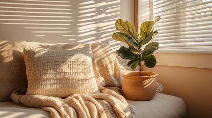 Sunlit bedroom with fiddle leaf fig plant, textured pillows, and cozy blanket.