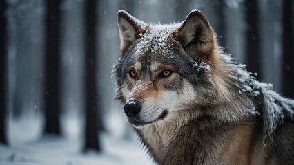 Naklejka premium Portrait of a gray wolf in a winter forest. Close-up