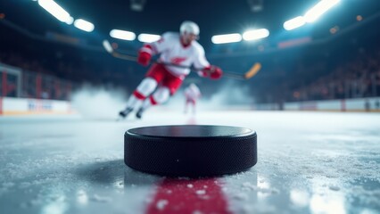 Fototapeta premium A realistic closeup of hockey puck on ice with dynamic ice spray and a skating player in the background.