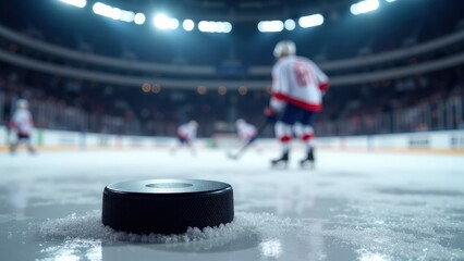 A modern hockey puck sliding on ice mockup featuring a sharp focus on the puck with dramatic ice spray.