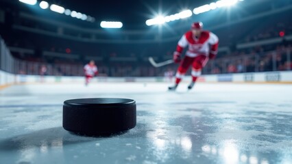 Fototapeta premium A sleek hockey puck on ice images mockup showcasing a realistic action scene with a skater in motion.