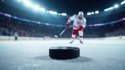 Fototapeta premium A stylish ice hockey puck on fire mockup highlighting dramatic lighting and ice spray for a thrilling effect.