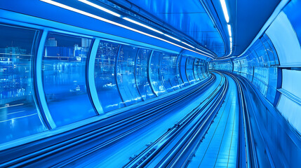 A Futuristic Blue Tunnel With City Lights Reflecting Through Curved Windows