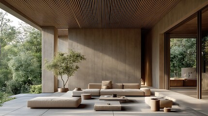 Fototapeta premium Modern minimalist patio with beige furniture, wooden ceiling, and large windows overlooking a lush garden.
