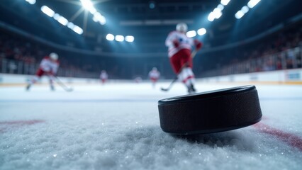 Fototapeta premium A realistic puck control drills on ice mockup with a sharp focus on the puck and skating action.
