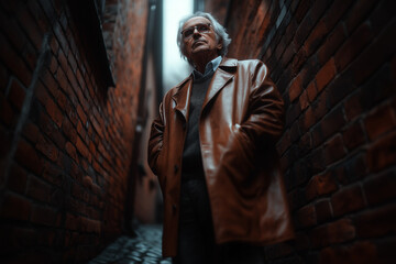 Fototapeta premium A stylish elderly man in a brown leather jacket outdoors on a brick wall background.
