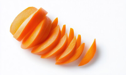 Freshly sliced orange carrots arranged in visually appealing pattern, showcasing their vibrant color and smooth texture. Perfect for healthy eating and culinary presentations