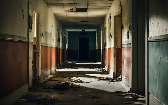 Creepy, abandoned hospital hallway with peeling paint, flickering lights, and eerie shadows, creating a sense of dread