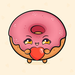 Cute funny pink Donut with heart in hand. Vector hand drawn cartoon kawaii character illustration icon. Isolated on light background. Donut character concept