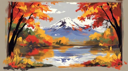 A vibrant fall scene with a mountain reflecting in a still lake. The trees are ablaze with reds, oranges, and yellows, with the snow-capped mountain in the distance.