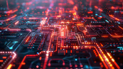 Fototapeta premium Abstract 3D rendering of a futuristic circuit board with glowing red and blue lines, illustrating technological advancement and digital innovation.