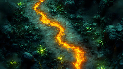 Obraz premium Lava River Flows Through Dark, Mystical Landscape