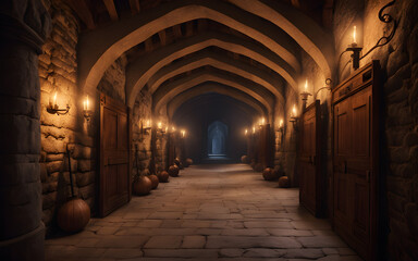 Dimly lit medieval stone castle corridor