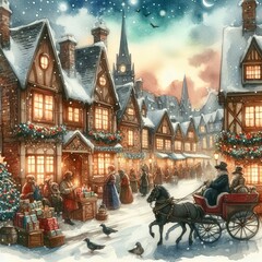 Christmas Village - Santa flying with Sleigh over Village Xmas Eve - Watercolor Winter and Christmas Setting - Greeting Card - Traditional Dickens Style Nostalgic Victorian Painted Illustration